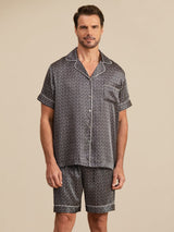 [Svart Ginkgo] SilkSilky-NO Short Sleeve Lapel Collar Pyjamas for menn 005