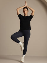 [Svart] SilkSilky-NO Halv erme Tett Crew Neck T-skjorte for Kvinner 004