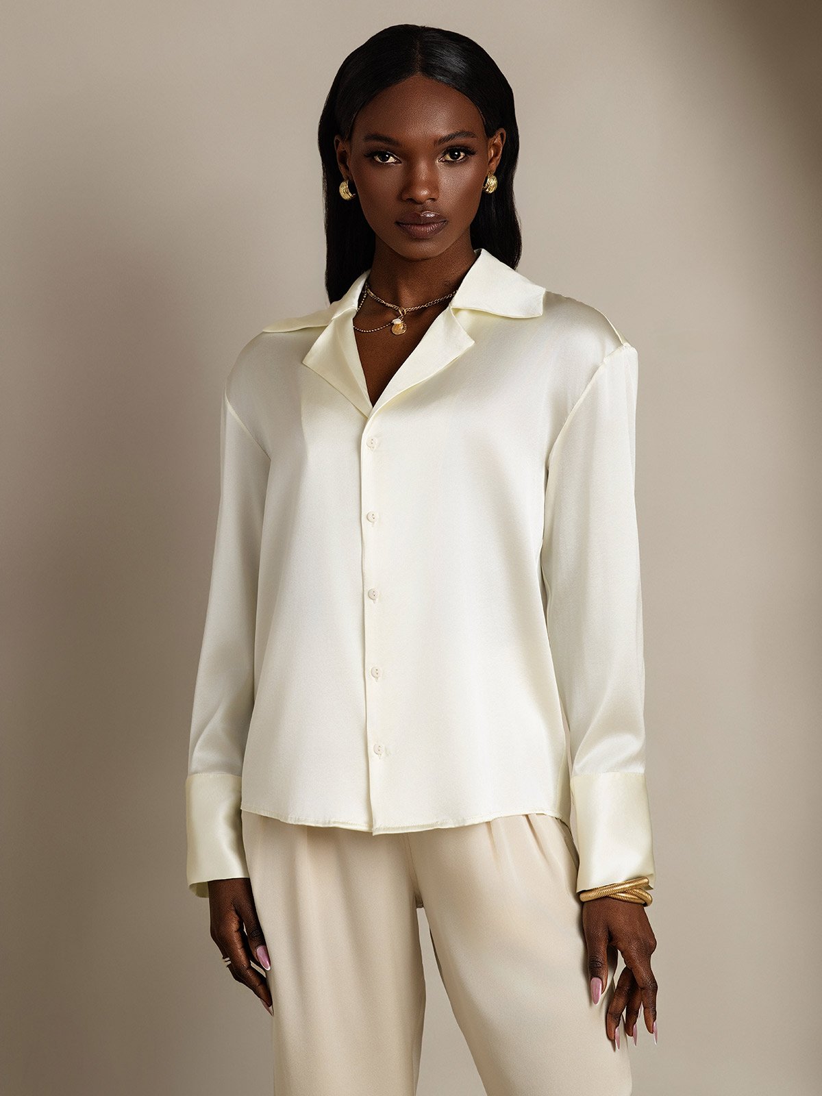 SilkSilky-NO 19Momme Silke Lapel Skjorte for Kvinner Elfenbein 003