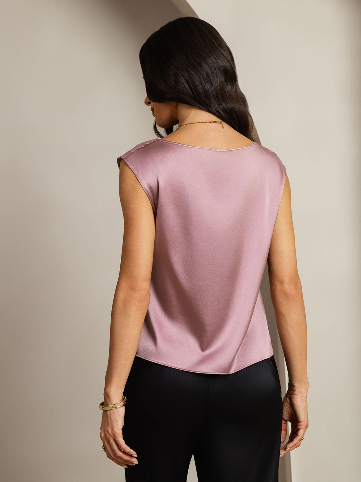 [Blek Mauve] SilkSilky-NO 19Momme Silke Cowl Neck T-skjorte for Kvinner 002