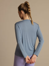 [Gråblå] SilkSilky-NO 100% High-Twist Silk Jersey Long Sleeve Crew Neck T-skjorte for Kvinner 004