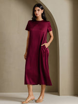 [Mørkerød] SilkSilky-NO Short Sleeve Crew Neck Kjole 003