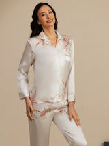 [Hvit] SilkSilky-NO 19Momme Langermet Notchkrage Pyjamas for Kvinner 003