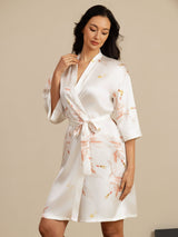 [Hvit] SilkSilky-NO 19Momme 3/4 erme Morgenkåpe for Kvinner 003