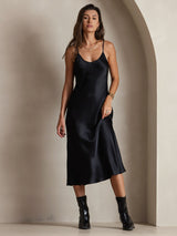 [Svart] SilkSilky-NO Spaghetti Strap V Neck Kjole 004
