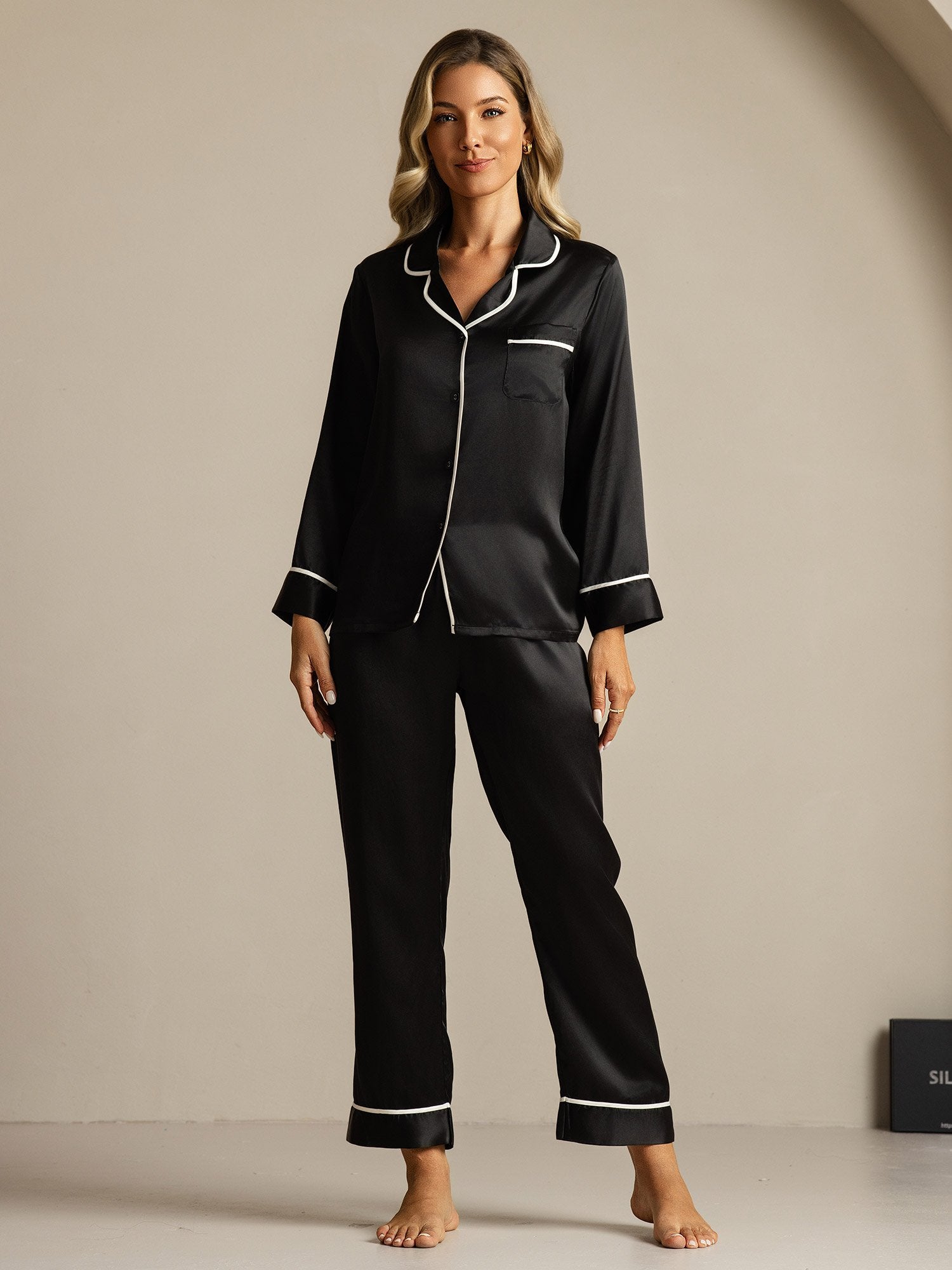 [Svart] SilkSilky-NO Silke Womens Pajamas 003