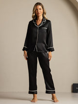 [Svart] SilkSilky-NO Long Sleeve Lapel Collar Pyjamas for Kvinner 003