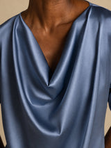 [Ekte Petrol] SilkSilky-NO Short Sleeve Cowl Neck Damebluser 003