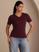 [Vin] SilkSilky-NO Short Sleeve V Neck T-skjorte for Kvinner 001