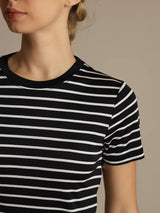 [Svart Stripe] SilkSilky-NO Kort erm Tett Crew Neck T-skjorte for Kvinner 005