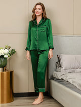 [Grønn] SilkSilky-NO Long Sleeve Lapel Collar Pyjamas for Kvinner 004