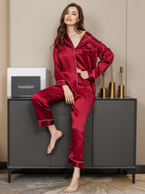 [Mørkerød] SilkSilky-NO Long Sleeve Lapel Collar Pyjamas for Kvinner 002