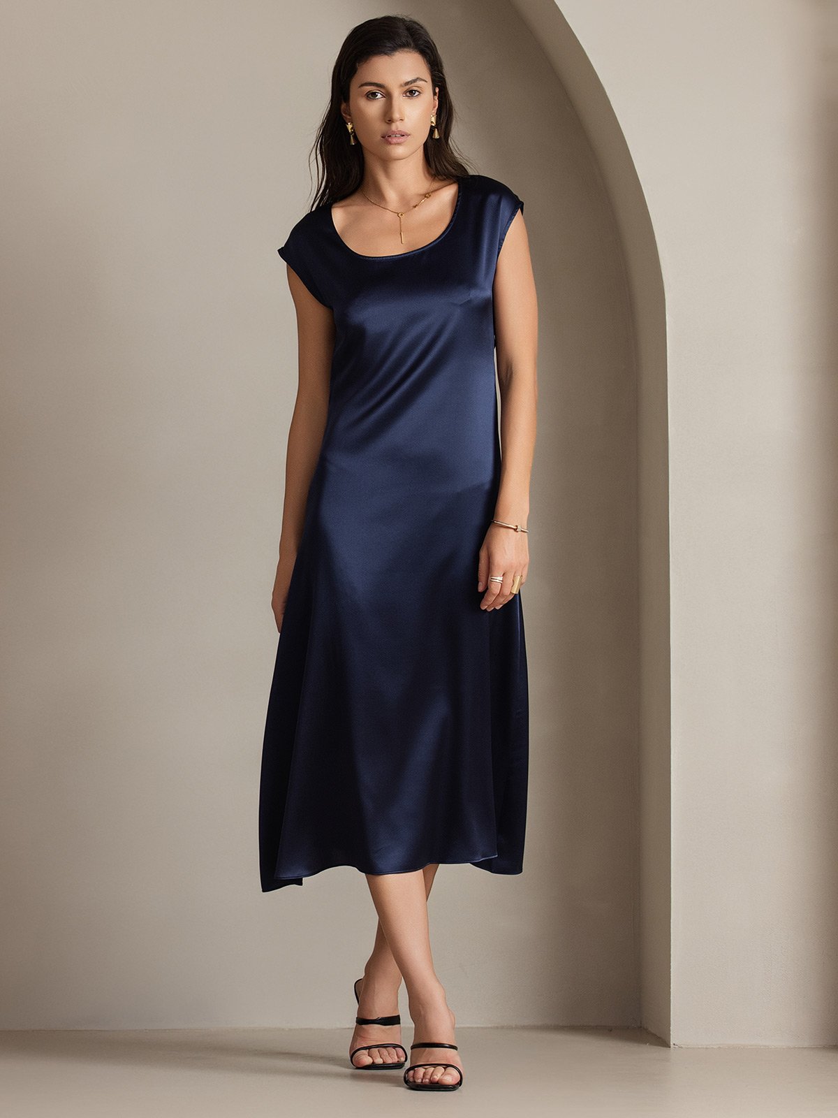 [Mørke blå] SilkSilky-NO 19Momme Silke Dress 003