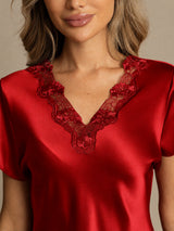 [Mørkerød] SilkSilky-NO Short Sleeve V Neck Nattkjole 004