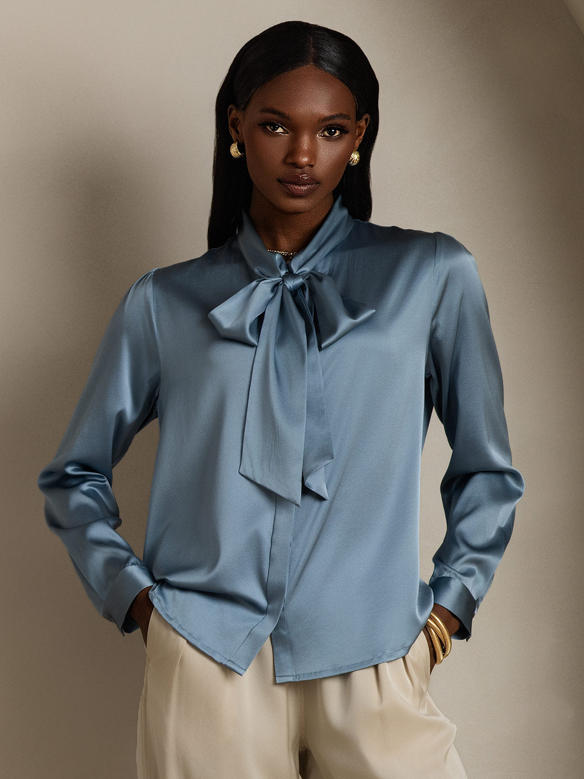 [Gråblå] SilkSilky-NO 19Momme Silke Blouse 001