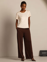 [Beige] SilkSilky-NO Kort erm Rund Hals T-skjorte for Kvinner 005