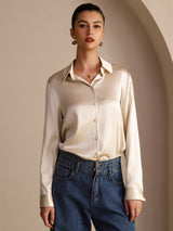 [Risbeige] SilkSilky-NO Long Sleeve Lapel Collar Skjorte for Kvinner 005