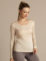 [Beige] SilkSilky-NO Langermet Rund Hals T-skjorte for Kvinner 005