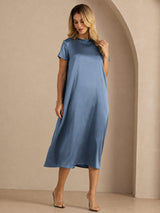 [Ekte Petrol] SilkSilky-NO Short Sleeve Crew Neck Kjole 006