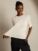 [Beige] SilkSilky-NO Halv erme Crew Neck T-skjorte for Kvinner 001
