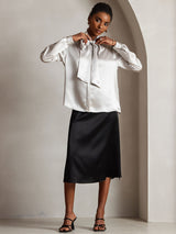 [Lysegrå] SilkSilky-NO Long Sleeve Tie Neck Damebluser 005