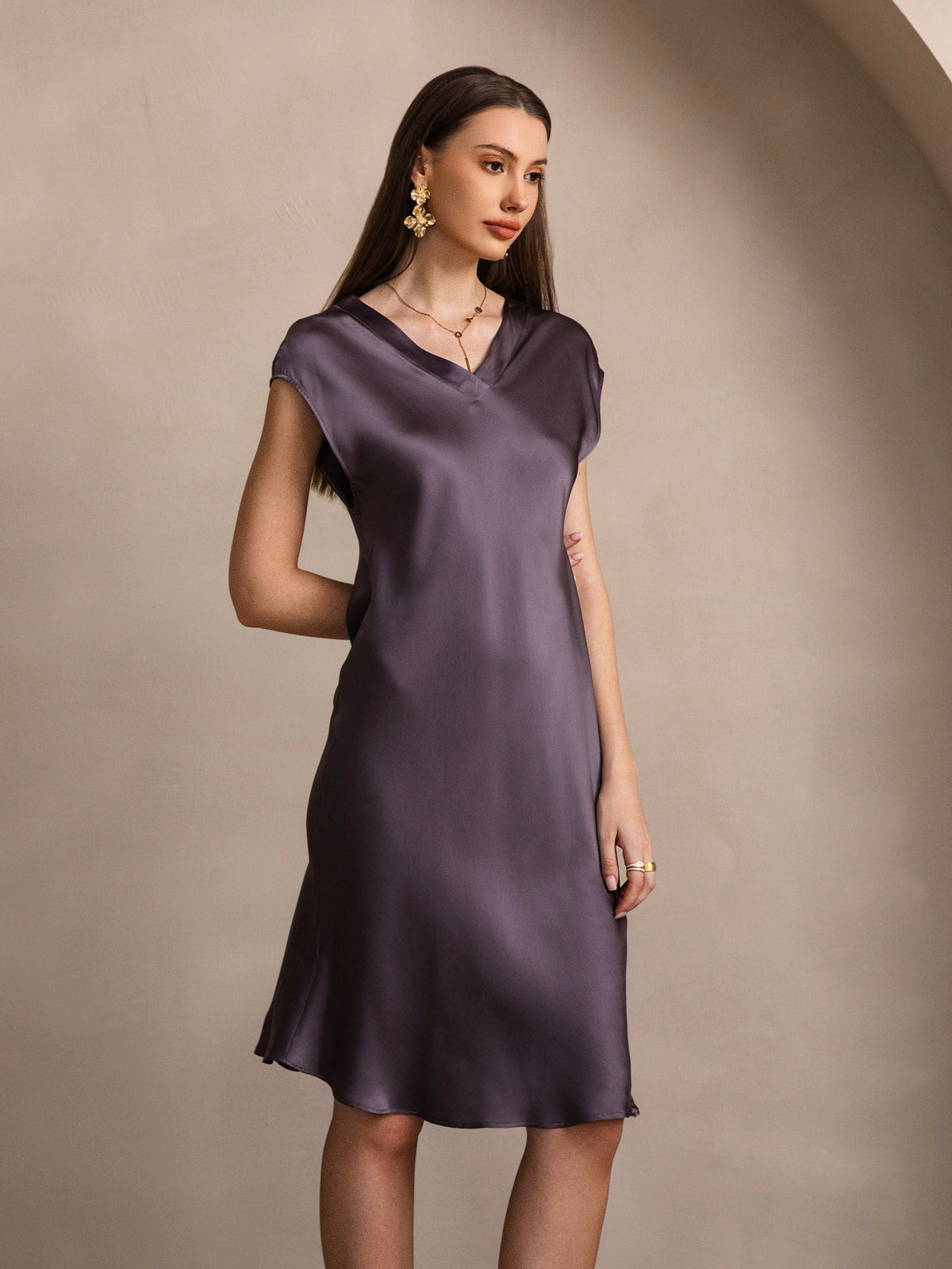 SilkSilky  Pure Silk Sleeveless V Neck Nightgown PurpleGray 006