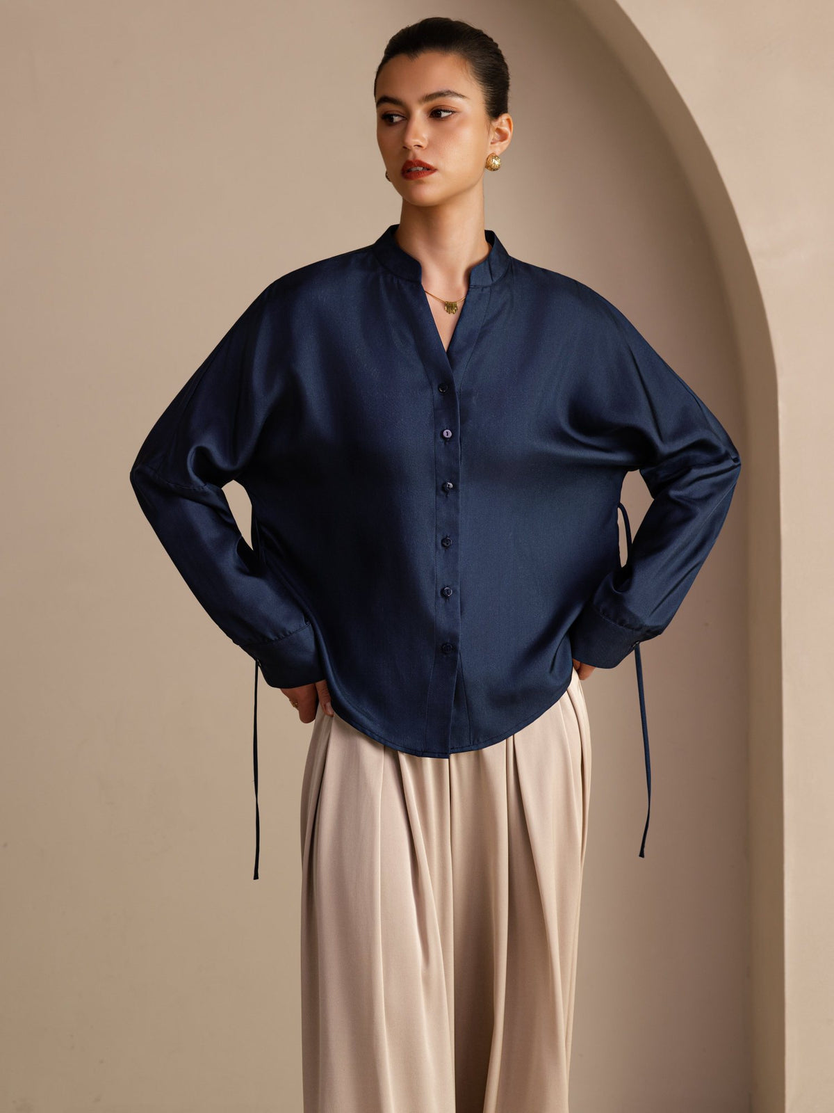 [Mørke blå] SilkSilky-NO Long Sleeve Blouse 001
