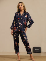 [Marine Blomster] SilkSilky-NO Long Sleeve Lapel Collar Pyjamas for Kvinner 001