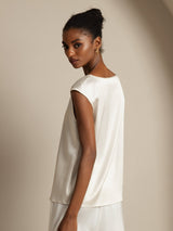 [Hvit] SilkSilky-NO Cap Sleeve Round Neck T-skjorte for Kvinner 005