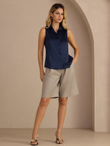 [Mørke blå] SilkSilky-NO Sleeveless Lapel Collar Skjorte for Kvinner 007