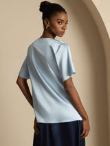 [Gråblå] SilkSilky-NO Short Sleeve Cowl Neck Damebluser 002