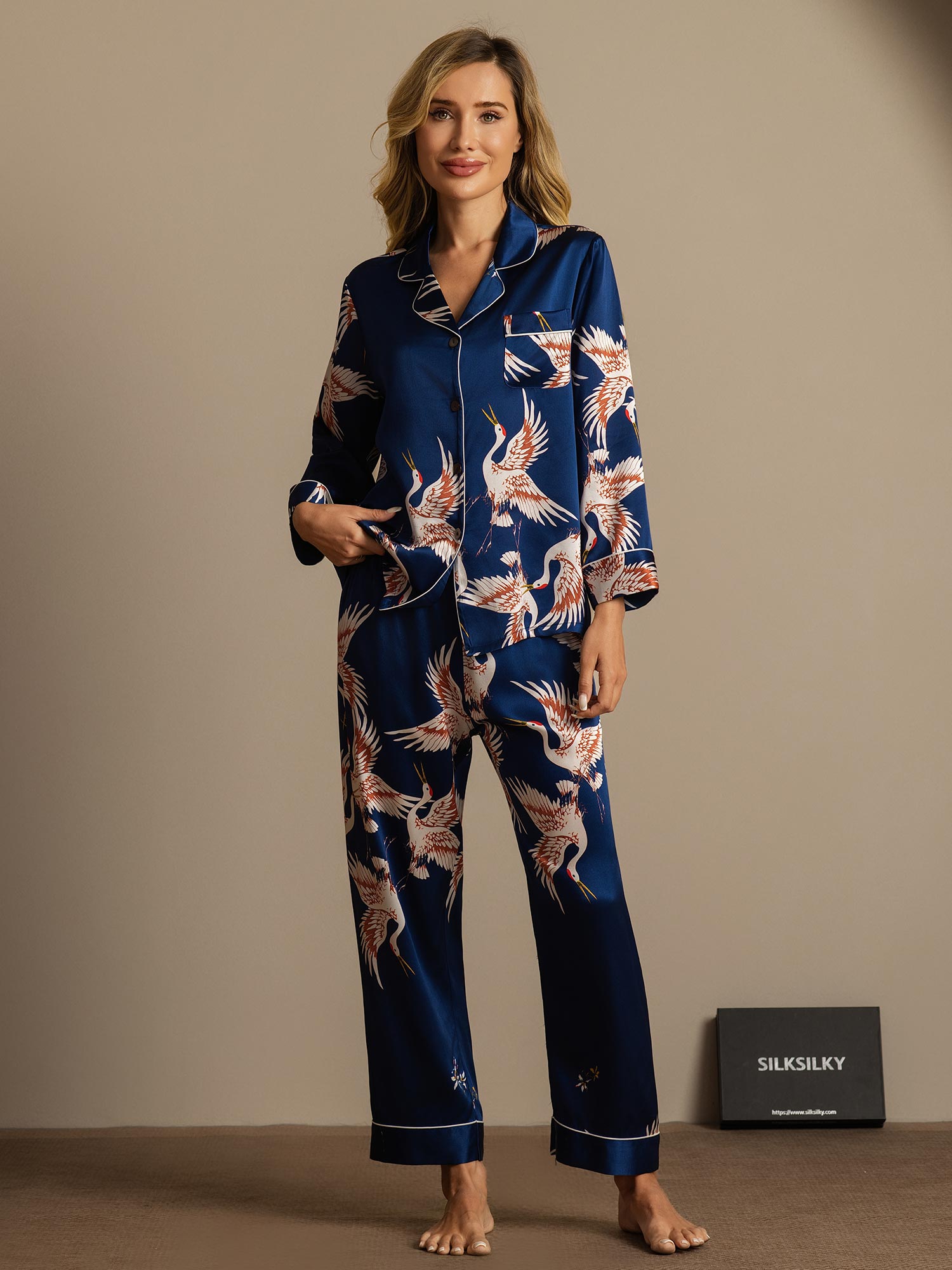 [Mørke blå] SilkSilky-NO 19Momme Womens Pajamas 007,