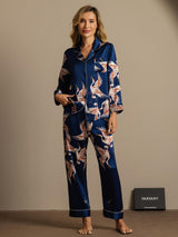 [Mørke blå] SilkSilky-NO Long Sleeve Lapel Collar Pyjamas for Kvinner 001