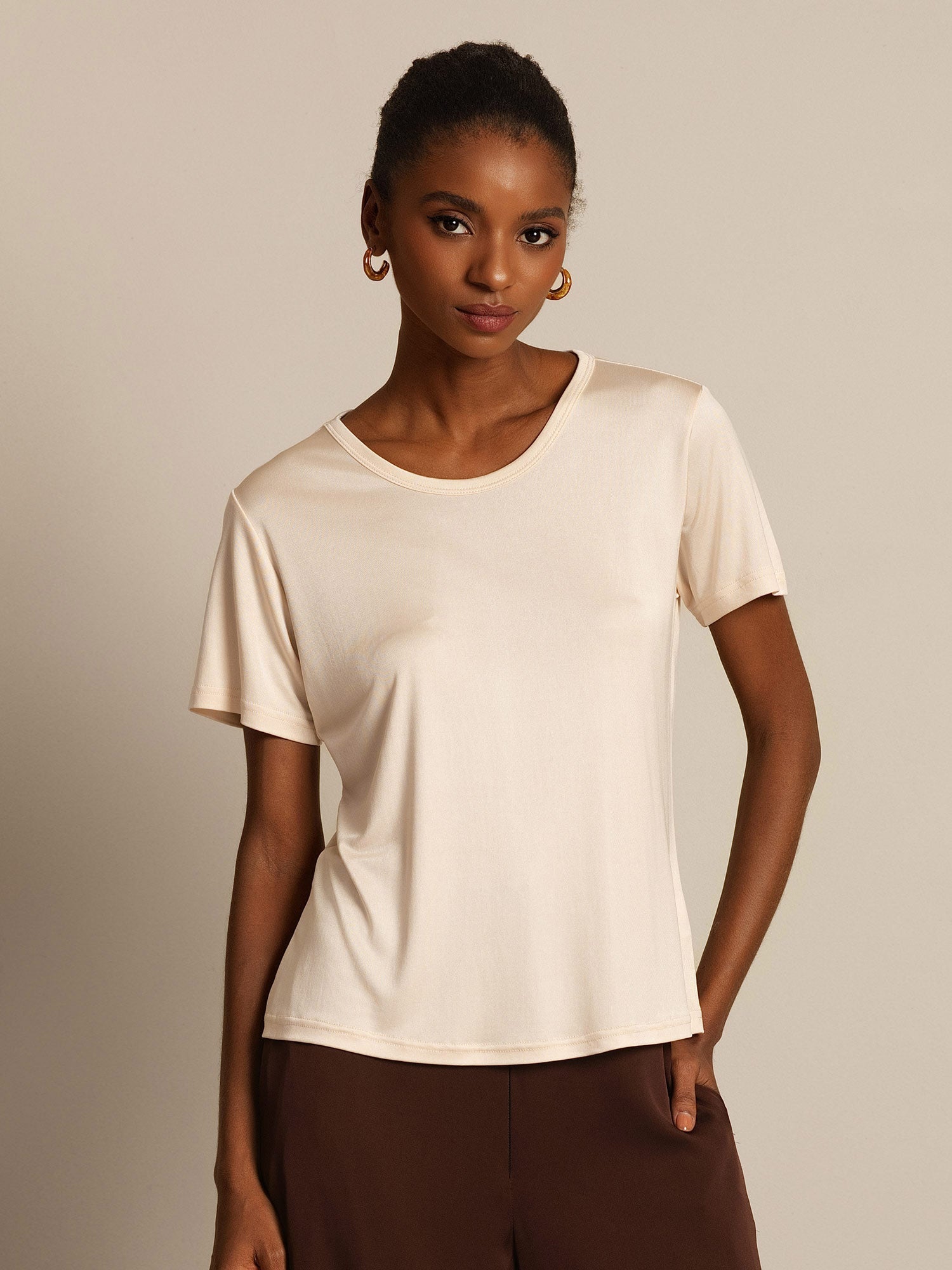 [Beige] SilkSilky-NO Womens T-Shirt 005