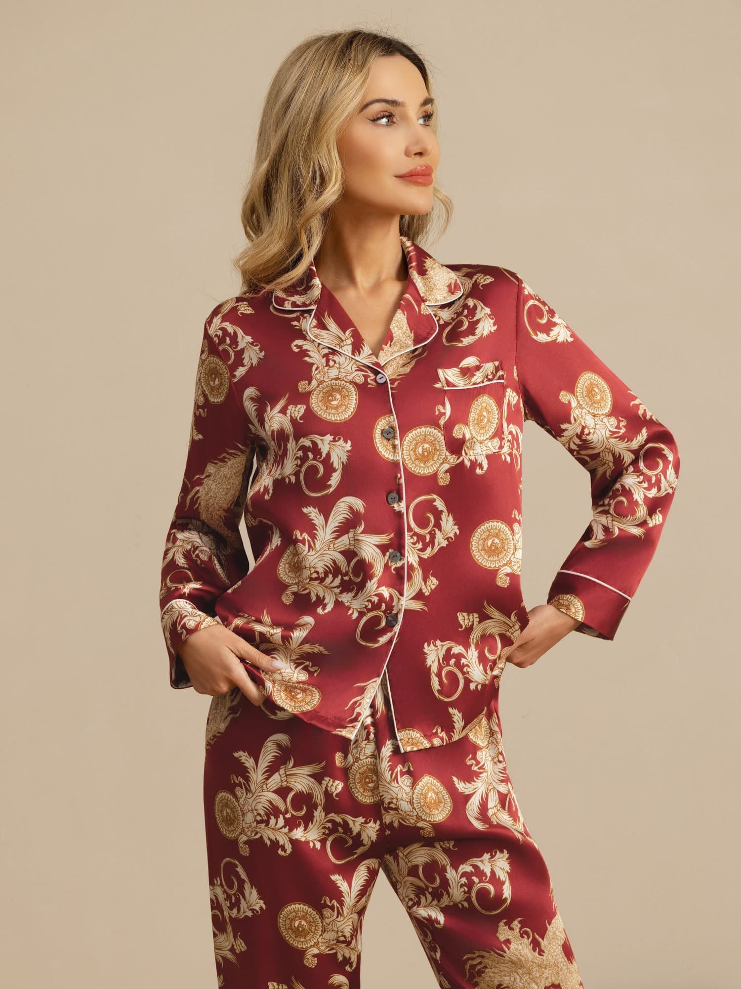 [Vinrød Drage] SilkSilky-NO Langermet Notchkrage Pyjamas for Kvinner 003