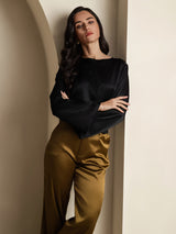 [Svart] SilkSilky-NO Long Sleeve Boat Neck Bluse 005