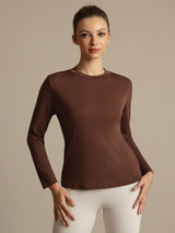 [Kaffe] SilkSilky-NO 100% High-Twist Silk Jersey Long Sleeve Crew Neck T-skjorte for Kvinner 001