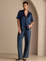 [Mørke blå] SilkSilky-NO Short Sleeve Lapel Collar Skjorte for Kvinner 007