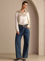 [Risbeige] SilkSilky-NO Long Sleeve Lapel Collar Skjorte for Kvinner 006