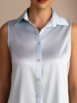 [Lyse Blå] SilkSilky-NO Sleeveless Lapel Collar Skjorte for Kvinner 004