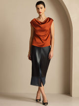 [Karamell] SilkSilky-NO Cap Sleeve Cowl Neck T-skjorte for Kvinner 007