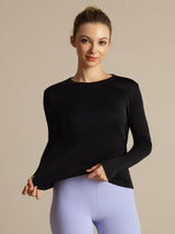 [Svart] SilkSilky-NO Langermet Tett Crew Neck T-skjorte for Kvinner 005