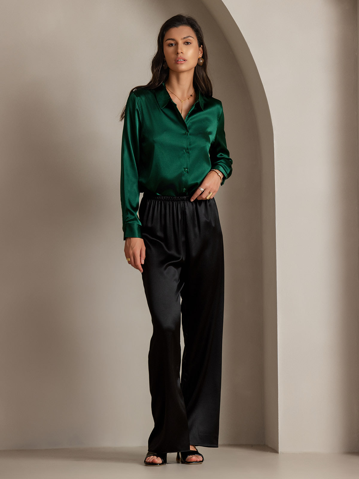 [Mørk Grønn] SilkSilky-NO Skjorte for Kvinner 005