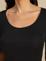 [Svart] SilkSilky-NO Halv erme Scoop Neck T-skjorte for Kvinner 006