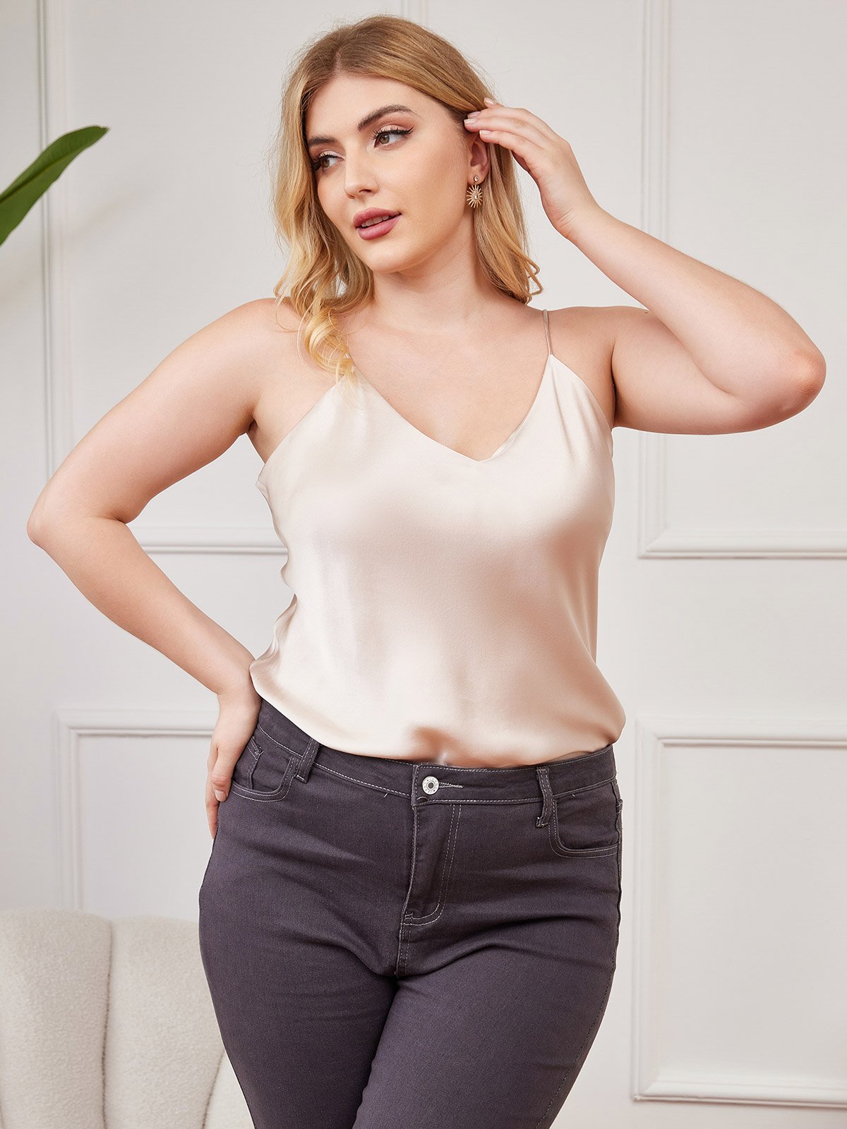 [Beige] SilkSilky-NO Pure Silk V-Hals Plus Size Camisole Top 003