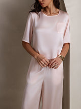 [Rosa] SilkSilky-NO Halv erme Round Neck Pyjamas for Kvinner 007