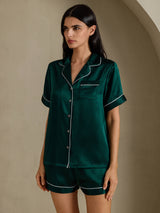 [Mørk Grønn] SilkSilky-NO Short Sleeve Lapel Collar Pyjamas for Kvinner 003