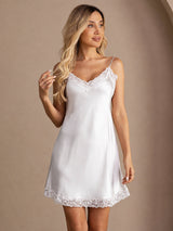 [Hvit] SilkSilky-NO Spaghetti Strap V Neck Nattkjole 005