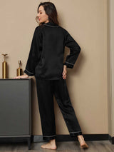 [Svart] SilkSilky-NO Long Sleeve Lapel Collar Pyjamas for Kvinner 002