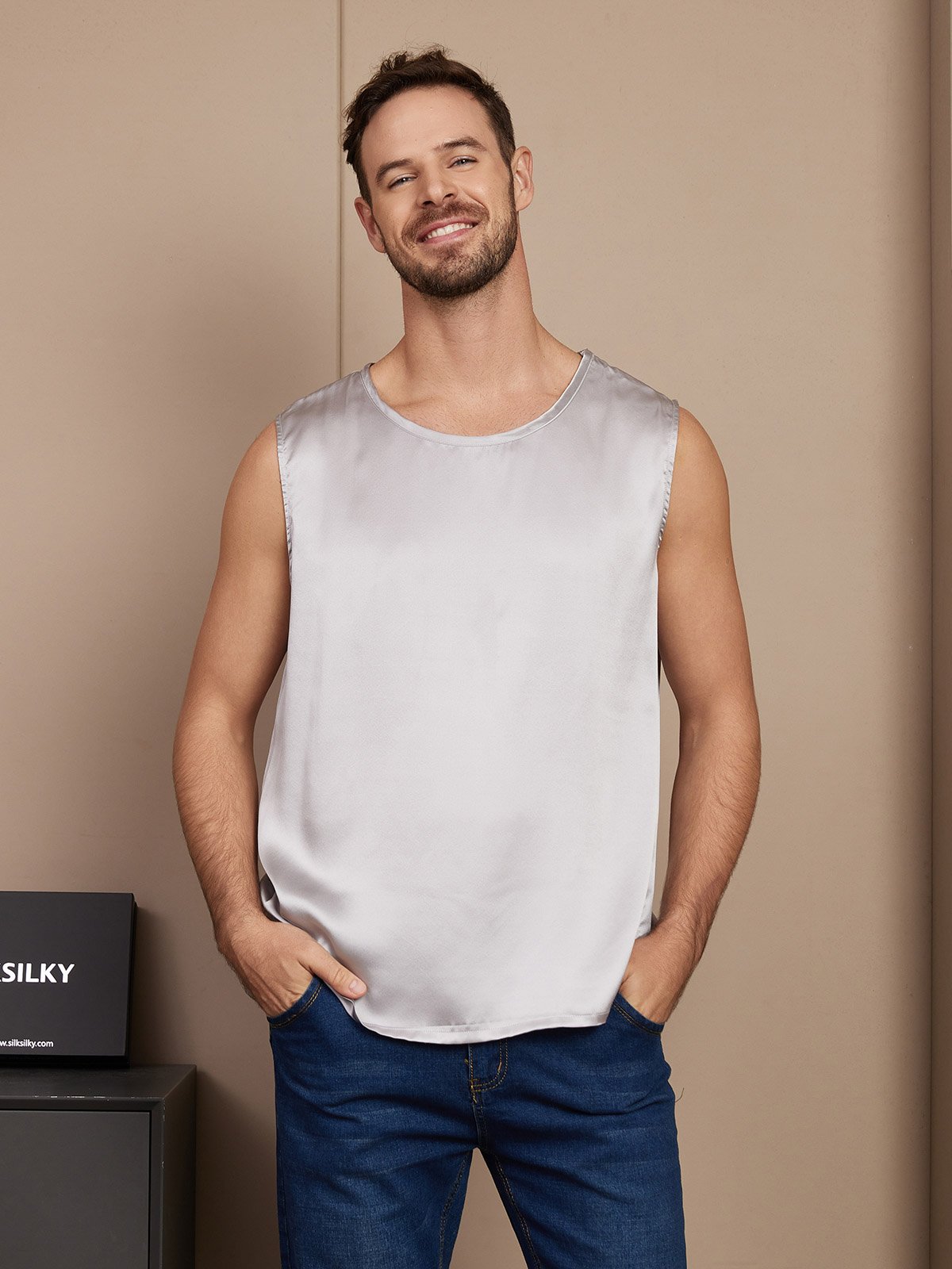 SilkSilky US Pure Silk Sleeveless Mens T Shirt Silver 001